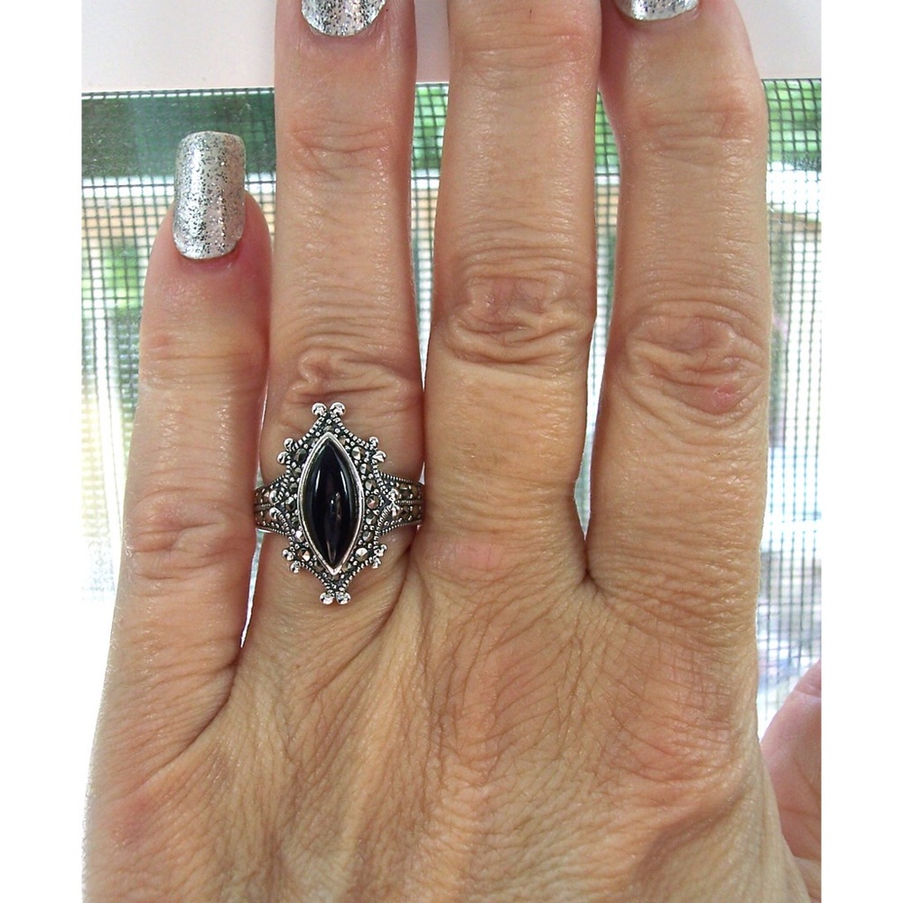 925 STERLING SILVER Marquise Black Onyx & Marcasite Ring - Picture 11 of 16
